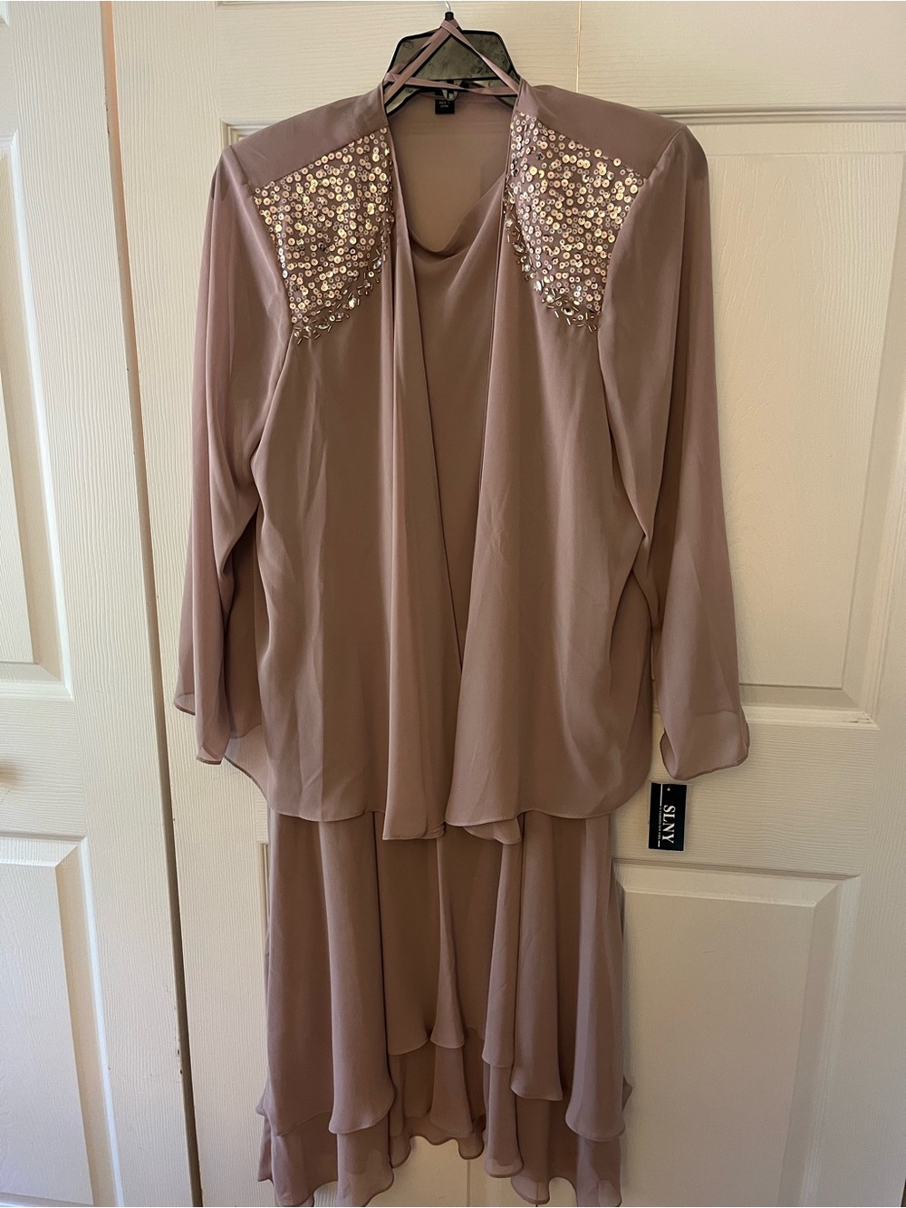 SLNY Taupe Sequin-Embellished Layered Chiffon Dress Set